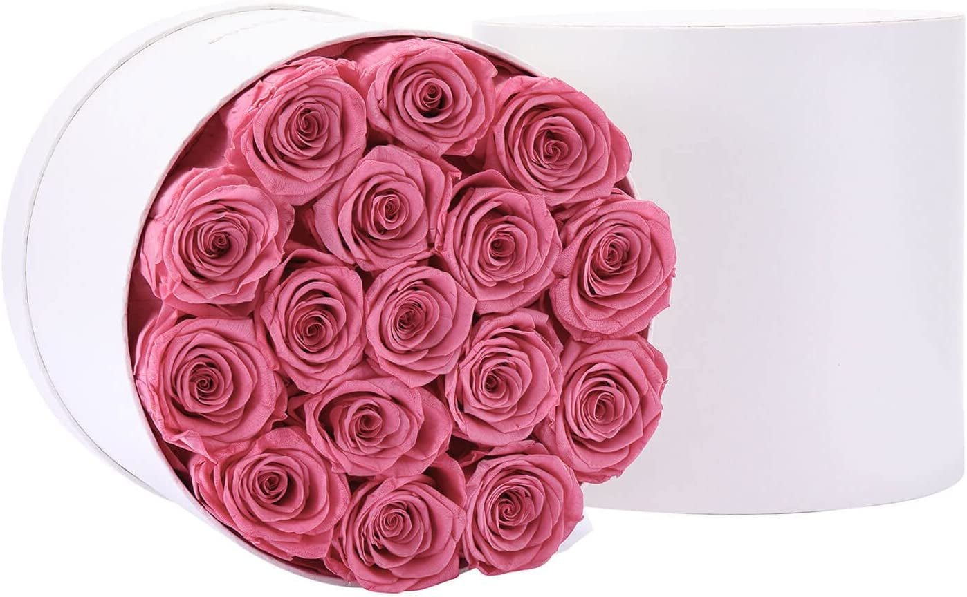 16-Piece Forever Flowers Preserved Rose in a Box Real Roses That Last a Year Preserved Flowers for Delivery Prime Mothers Day Valentines Day Christmas Day (Pink Roses, round White Box)